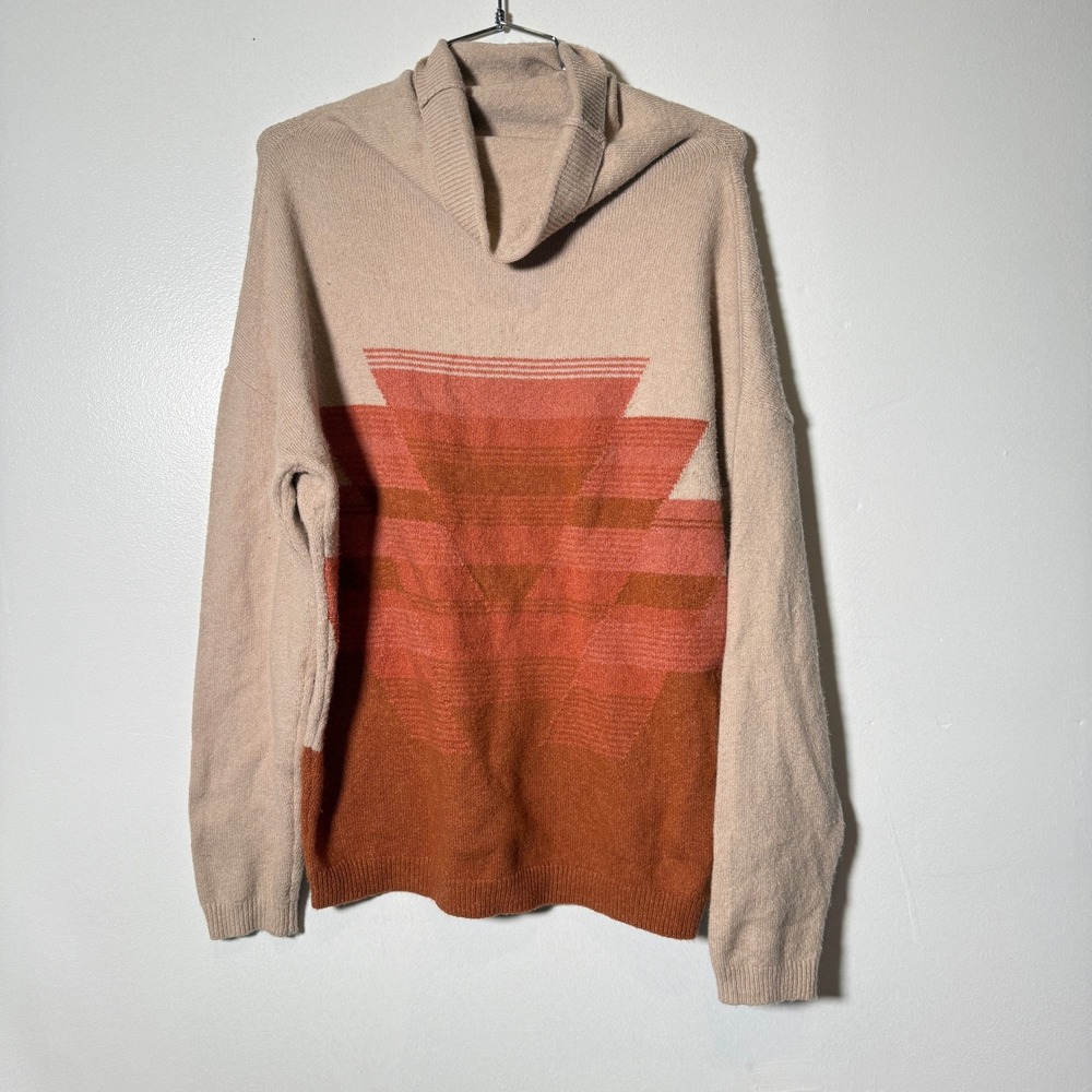 prAna Cowl Neck Sweater Women Small Beige Orange Geometric Knit